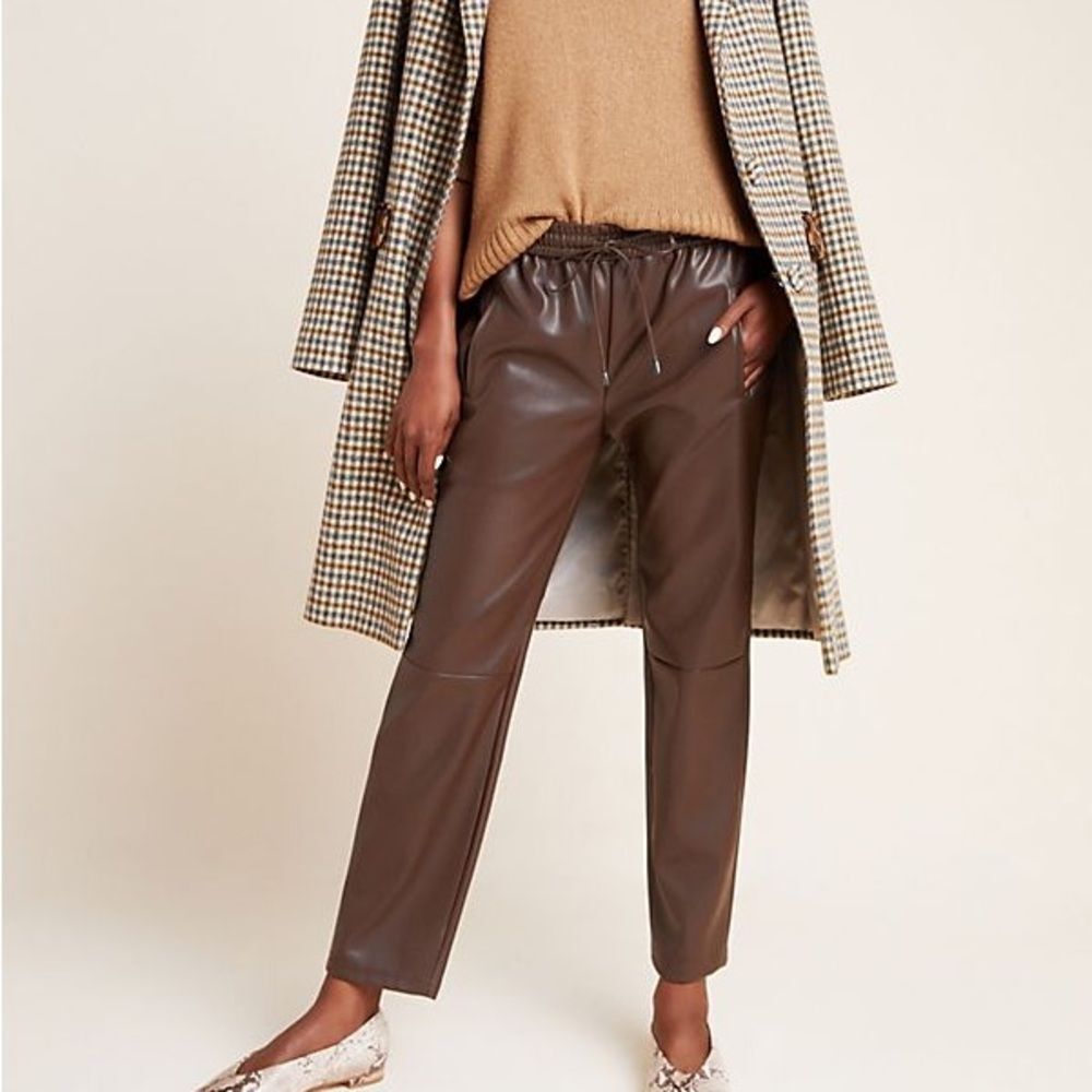 Anthropologie Faux Leather Brown Drawstring Pant XL